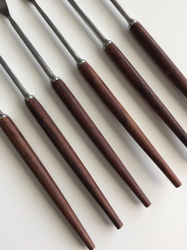 Six Vintage 60s Swiss Rosewood Oil Fondue Forks
