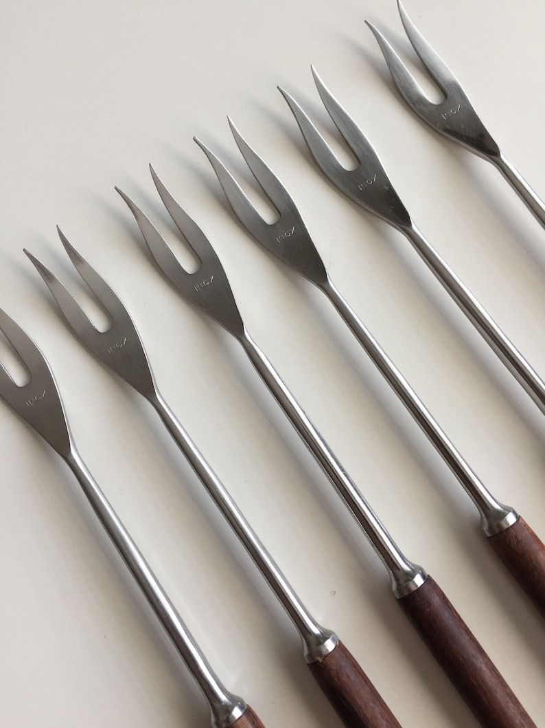 Six Vintage 60s Swiss Rosewood Oil Fondue Forks