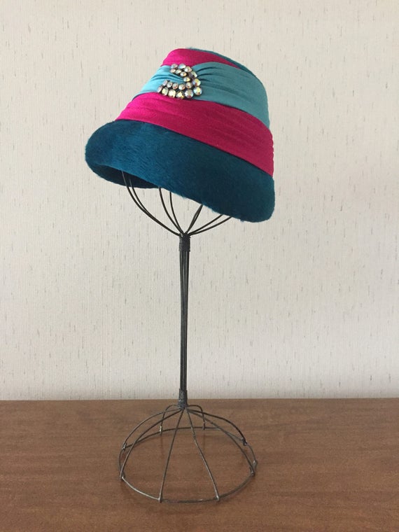 Vintage 60s Aqua Blue and Pink Wool Hat - image 1