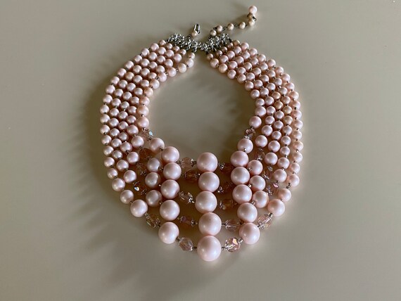 Vintage 50s Pink Beaded 5-Strand Necklace - image 2