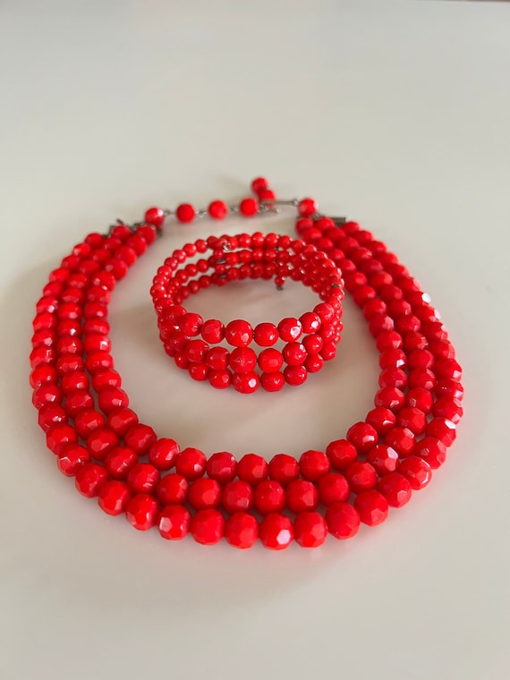 Vintage 30s BOHEMIAN Red Glass Necklace & Bracele… - image 1