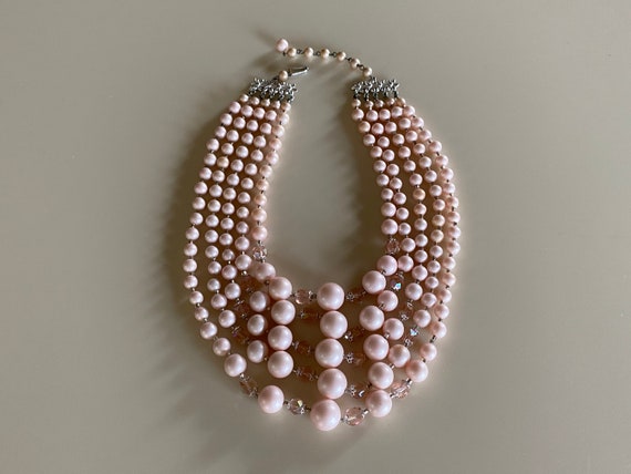 Vintage 50s Pink Beaded 5-Strand Necklace - image 3