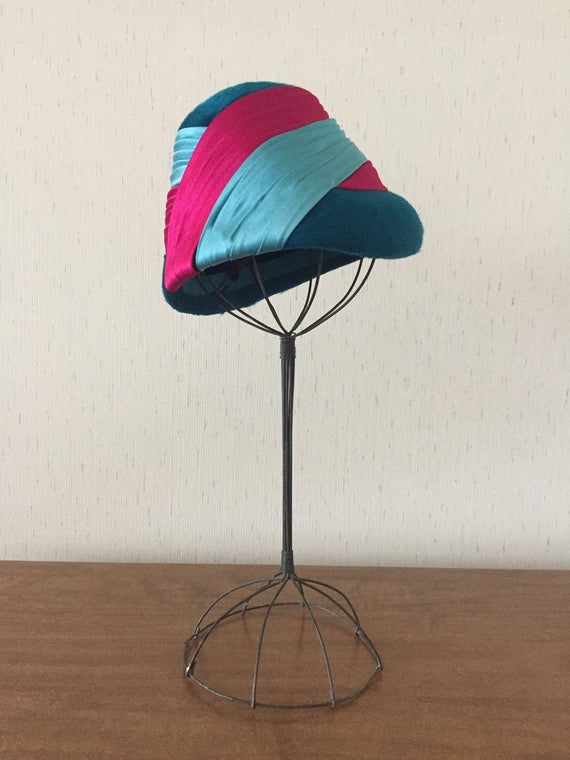 Vintage 60s Aqua Blue and Pink Wool Hat - image 3