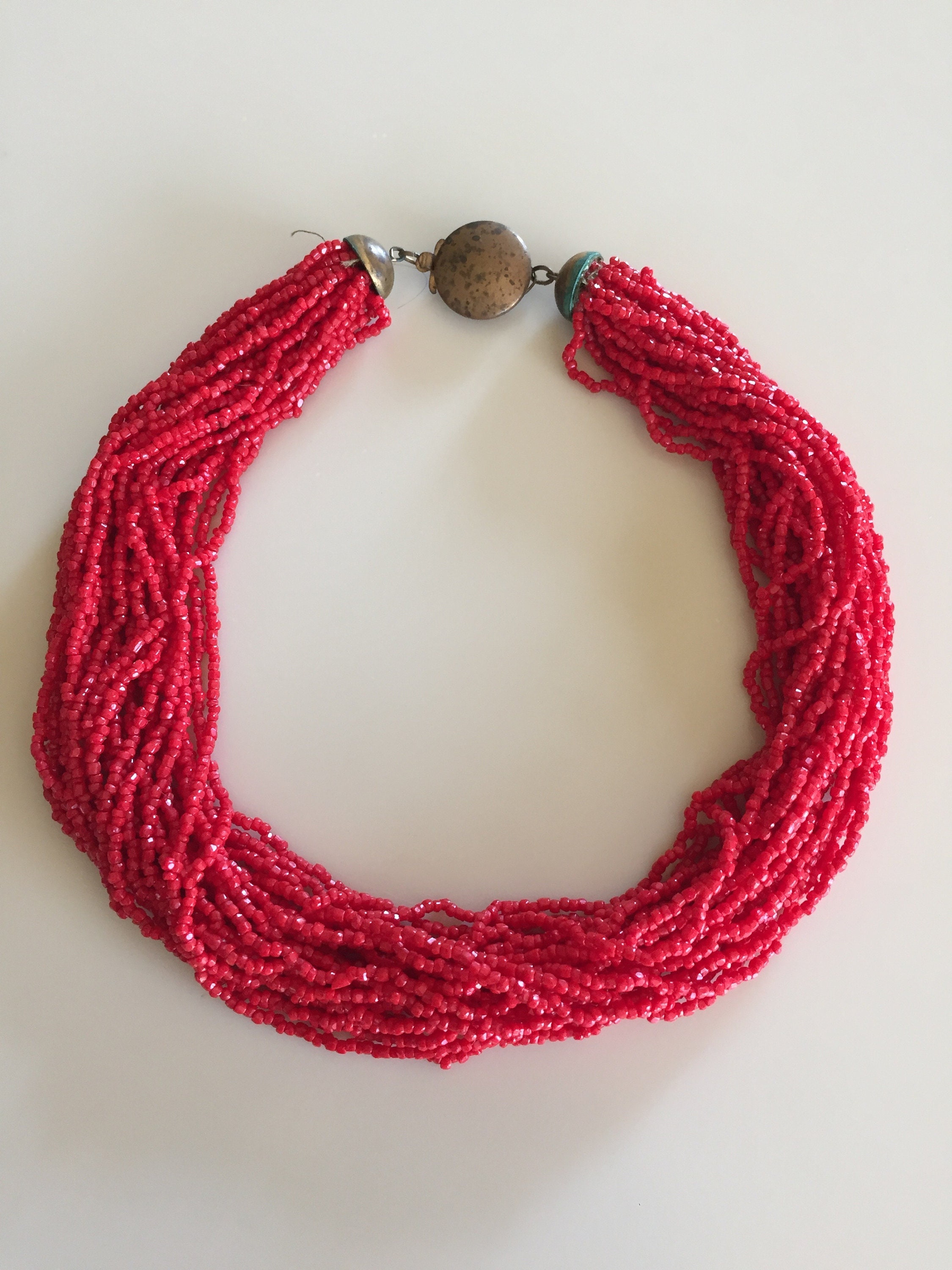 Vintage 40s Red Glass Bead Necklace Etsy