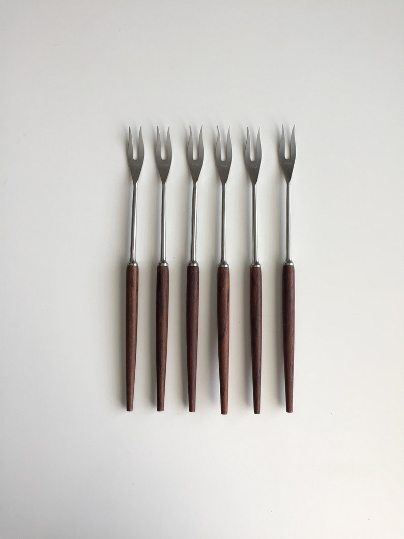 Six Vintage 60s Swiss Rosewood Oil Fondue Forks