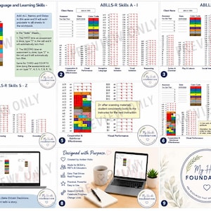 Op de afbeelding: Een digitaal beoordelingsinstrument voor het bijhouden van ABLLS-R-vaardigheden van A tot Z, met kleurgecodeerde voortgangsgrafieken, invoervelden voor namen en datums, en instructietekst. De set bevat meerdere spreadsheetweergaven en een logo.