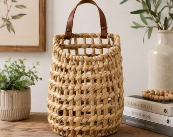 Water Hyacinth Hanging Wall Basket, Boho Woven Storage, Rustic Farmhouse Decor