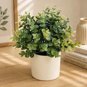 Artificial Eucalyptus Plant, 8.5 Inch Potted Greenery, Cream Pot, Farmhouse Decor