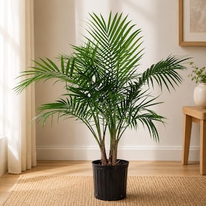 May include: A lush green palm plant with long, feathery fronds extending outward from a central base. The plant is housed in a simple, black, ribbed plastic nursery pot, showcasing multiple stems emerging from the soil within the container.