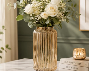 Ribbed Glass Vase Champagne, 10 Inch Decorative Flower Vase, Modern Centerpiece