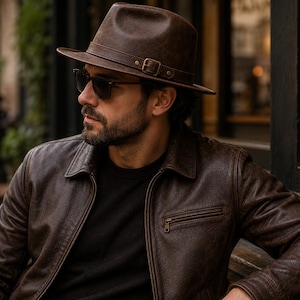 Puede incluir: Un sombrero fedora de color marrón oscuro con una banda a juego y una hebilla de metal dorado, combinado con una chaqueta de cuero marrón oscuro con un bolsillo con cremallera en el pecho y una camisa negra, junto a gafas de sol oscuras.