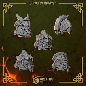 May include: A set of five grey resin shoulder pads featuring intricate sculpted details including dragon heads, scaled textures, and strapped armor plating. The collection is labeled SHOULDERPADS 1 and GREYTIDE STUDIO, presented against a dark background.