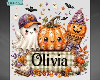 Custom Girly Halloween DTF Transfer, Personalized Name Cute Ghost Pumpkin Design for Girls, Ready to Press Heat Press