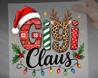 Gigi Christmas DTF Transfer, Gigi Claus Leopard Christmas Lights Design Ready To Press Heat Transfer