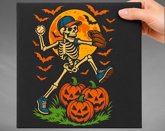 Halloween Baseball DTF Transfer, Skeleton Baseball Player Heat Press, Vintage Spooky Baseball Shirt Design, Pumpkin Graphic