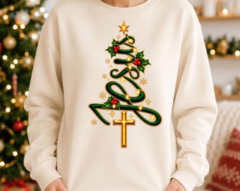 Jesus Christmas DTF Transfer, Christian Faith Cross Christmas Tree Design Ready To Press Heat Transfer