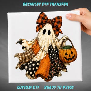 Patchwork Ghost DTF Transfer, Cute Halloween Ghost, Rustic Farmhouse Pumpkin Ready To Press, Primitive Ghost Pumpkin Design Ready To Press