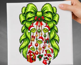 Green Christmas Character DTF Transfer, Mean Green DTF Transfer, Furry Christmas Bow Holiday Ornaments Ready To Press Heat Transfer