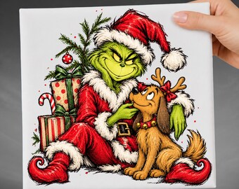 Christmas Green Monster And Max Dog DTF Transfer, Mean Green DTF Transfer, Cute Dog Santa Outfit Holiday Design Ready To Press Heat Transfer