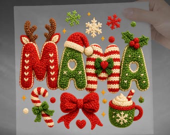 Christmas Mama DTF Transfer, Faux Crochet Mama Holiday Design Ready To Press Heat Transfer