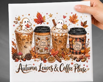 Autumn Leaves Coffee Please DTF Transfer, Fall Coffee Heat Transfer, Cozy Season Shirt, Cute Ghost Coffee Lover Gift, Fall Vibes