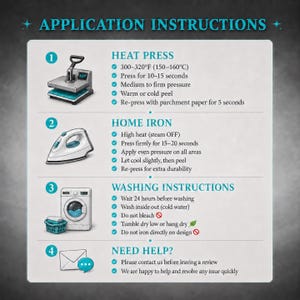 May include: An instructional graphic titled APPLICATION INSTRUCTIONS featuring four sections: HEAT PRESS with 300-320&deg;F settings, HOME IRON with steam off, WASHING INSTRUCTIONS including cold water and no bleach, and a NEED HELP section with an envelope icon.
