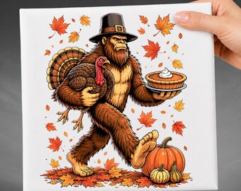 Bigfoot Thanksgiving DTF Transfer, Sasquatch Turkey Pumpkin Pie Fall Design Ready To Press Heat Transfer