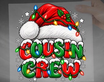 Cousin Crew Santa Hat DTF Transfer, Christmas Lights Holiday Family Design Ready To Press Heat Transfer