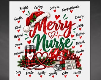 Merry Nurse DTF Transfer, Christmas Nurse Stethoscope Heartbeat Holiday Design Ready To Press Heat Transfer