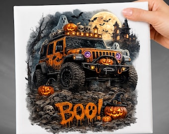 Halloween Off Road Vehicle DTF Transfer, Haunted 4x4 Pumpkin Ghost Heat Transfer, Spooky Fall Ready To Press