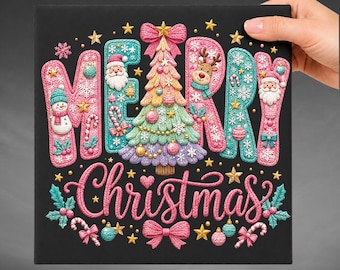 Merry Christmas Faux Embroidery Design,  Merry Christmas Tree, Pink Teal Santa Holiday Design Ready to Press Heat Press