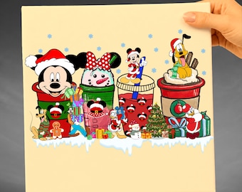 Mickey And Minnie Christmas DTF Transfer, Disney Christmas Characters Holiday Drink Shirt Design Heat Press