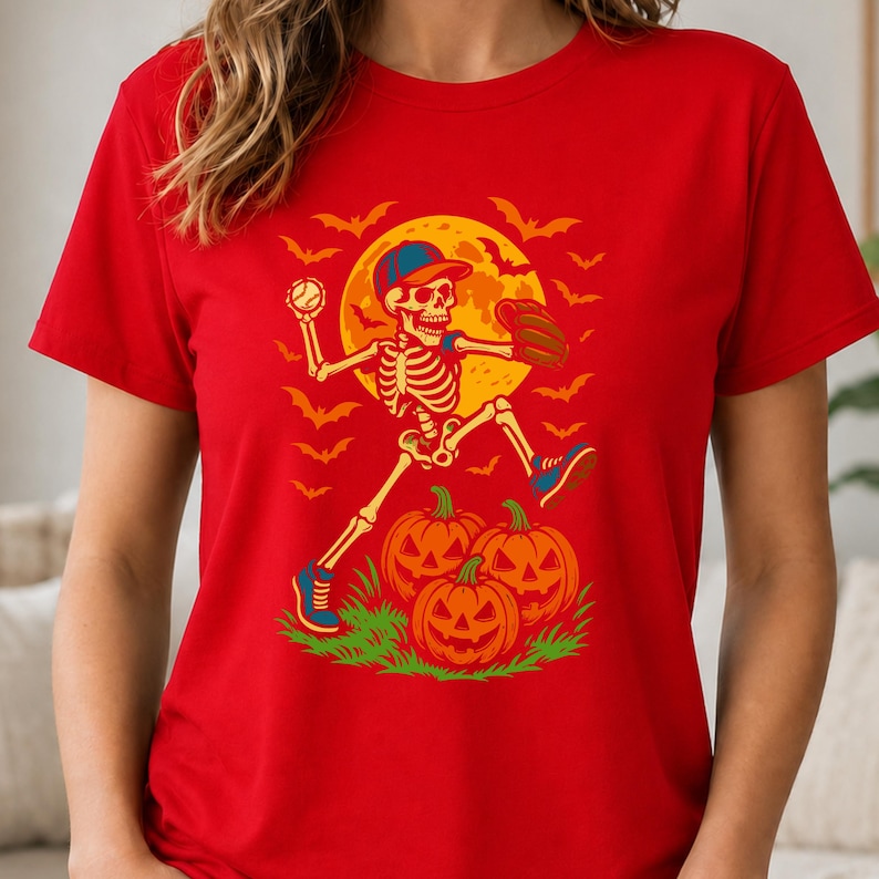 May include: A bright red t-shirt featuring a graphic print of a skeleton wearing a baseball cap and glove, throwing a baseball. The design includes a large yellow full moon, flying bats, and three orange jack-o'-lanterns on green grass.