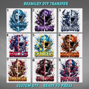 May include: A grid of nine DTF transfers featuring split-face designs of football team mascots and helmets with paint splatter effects. Each design includes the team name in bold lettering. Text at the top reads BESMILEY DTF TRANSFER.