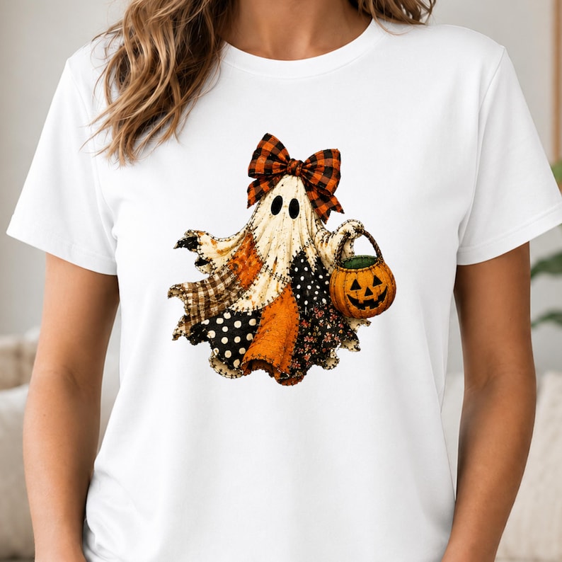 May include: A white short-sleeved t-shirt featuring a graphic of a ghost made of various patterned fabric patches. The ghost wears a large orange and black plaid bow on its head and carries a small orange jack-o'-lantern trick-or-treat bucket.