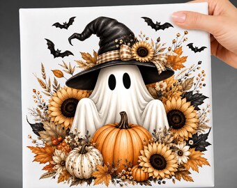 Boho Halloween Ghost DTF Transfer, Cute Ghost With Witch Hat, Sunflower Pumpkin Fall Iron On Transfer Ready To Press