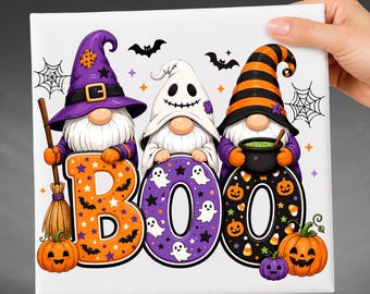 Boo Gnome DTF Transfer, Cute Halloween Gnomes, Witch Ghost Gnome Trio Iron On Heat Press, Halloween Cartoon Gnome Graphic