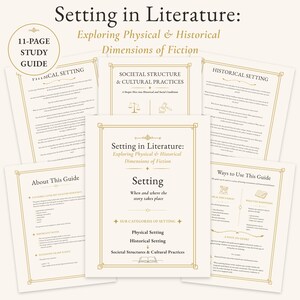 May include: An 11-page study guide titled Setting in Literature: Exploring Physical & Historical Dimensions of Fiction. The document features gold-colored borders and text, outlining sub-categories like physical setting, historical setting, and societal structure.