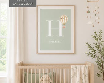 Nursery Wall Art Hot Air Balloon Print Custom Baby Name Personalized Initial Letter Watercolor Illustration Sage Green Bedroom Decoration