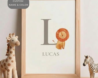 Personalized Name Sign for Nursery Neutral Lion Decor Safari Animal Themed Bedroom Wall Print Custom Baby Art Jungle Toddler Room Gift