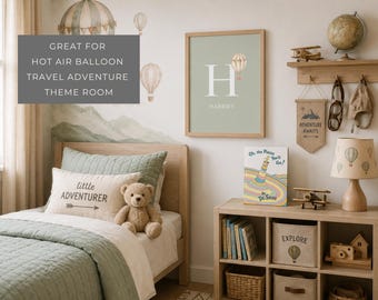 Personalized Child Printable Wall Art Watercolor Illustration Balloon Design Custom Initial Letter Print Digital Download Kid Bedroom Name