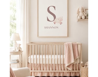 Baby Name Print Personalized Nursery Art Custom Name Sign Newborn Gift Baby Shower Lamb Wall Art Watercolor Infant Poster Initial Letter