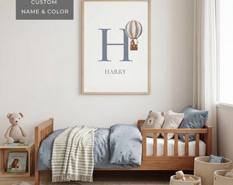 Hot Air Balloon Wall Art Custom Name Print Personalized Toddler Room Printable Download Preschool Artwork Children Bedroom Decor Design