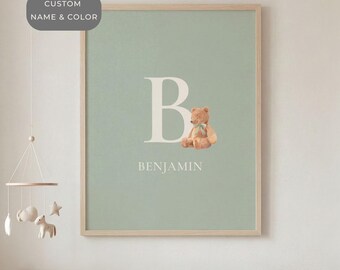 Personalized Name Sign Custom Made Gift Neutral Teddy Bear Nursery Art Woodland Theme Baby Room Wall Display Shelf Styling Sage Green Shower