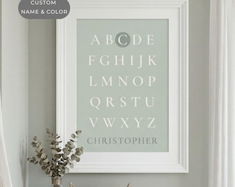 Alphabet Nursery Print Personalized Name Custom Initial Sign Baby Shower Gift Neutral Toddler Room Ideas Learning Wall Hanging Sage Green