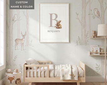 Personalized Name Sign Woodland Bedroom Decor Child Bunny Wall Art Watercolor Animal Artwork Custom Toddler Playroom Print Digital Download