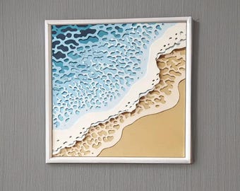 Layered Ocean Wave Art, 3D Seascape Painting, Framed Coastal Beach Decor