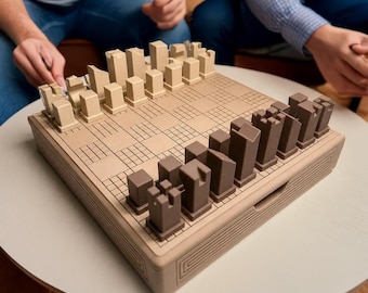 Minimalist Chess Set with Storage Drawer, Modern Geometric Chessboard, Architectural Pieces, Chess Lover Gift
