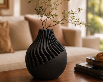 Black Japandi Vase, Fluted Sculptural Decor, Modern Minimalist Flower Vase, Sand Wave Collection