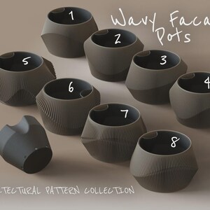 May include: A collection of eight dark gray planters labeled Wavy Facade Pots and Architectural Pattern Collection. Each pot features a distinct geometric, ribbed texture on the exterior and a smooth, circular opening at the top.